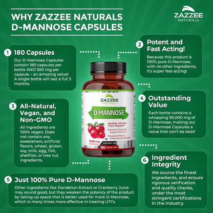 Zazzee D-Mannose, 1000 mg per Serving, 180 Vegan Capsules, 3 Month Supply, Potent ZazzeeBuy Supplements Australia