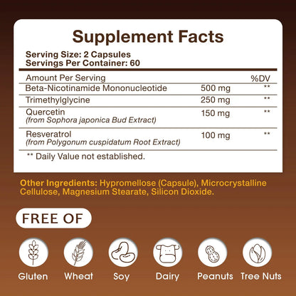 NMN Supplement 1000mg - NMN Supplement 1000mg Pure Organic, NMNH Alternative, Resveratrol Supplement, NAD+ Supplement, TMG & Quercetin for Cellular Support 120 Capsules RiRywony HealthBuy Supplements Australia