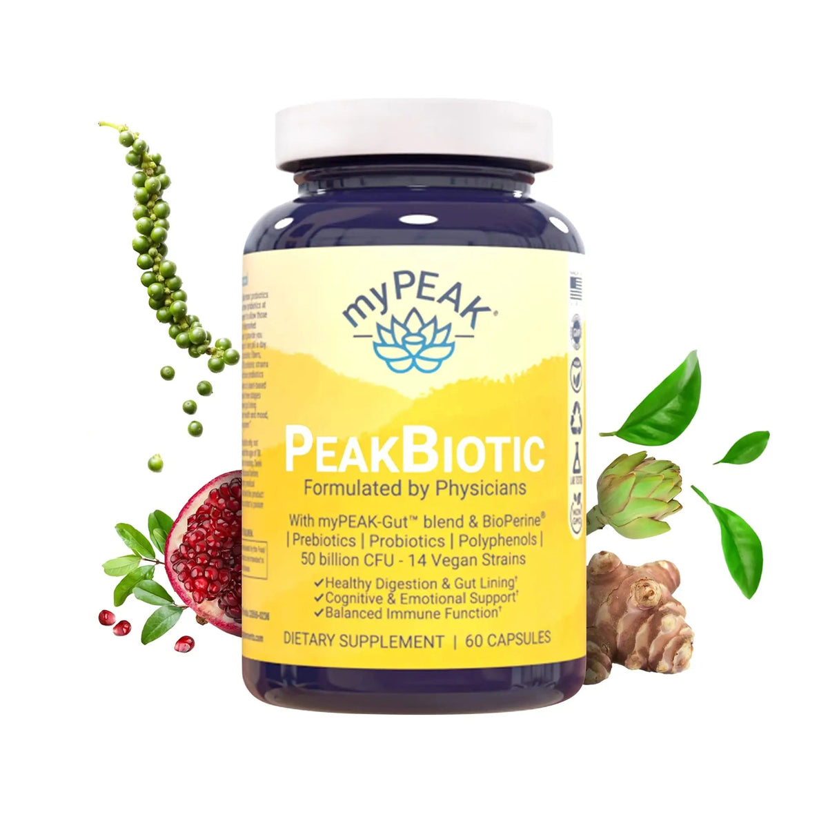 myPEAK PeakBiotic: The Ultimate Vegan Synbiotic with 50 Billion CFU Probiotics Prebiotics Postbiotics Modbiotics and Gut Lining to Enhance Digestion, Skin, and Mood with 2-Month Supply, 60 Capsules myPEAKBuy Supplements Australia