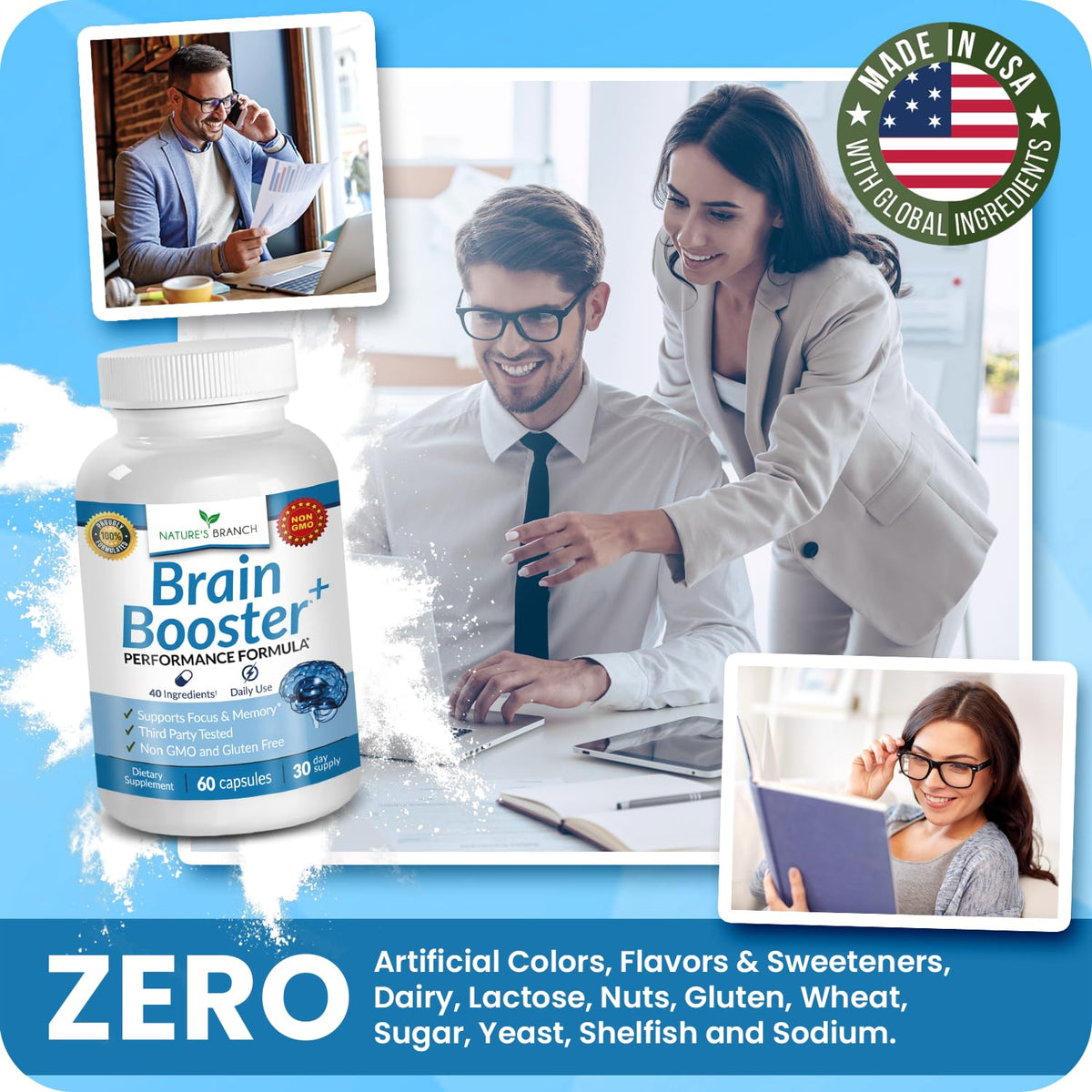 40-in-1 Brain Booster Supplement for Focus, Memory, Clarity, Energy | Advanced Vitamins Plus eBook | for Men & Women, Cognitive Function Nootropic Support with DMAE, Mind Health Formula | 60 Capsules NATURE'S BRANCHBuy Supplements Australia