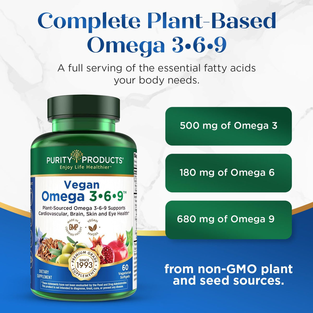 Purity Products Omega 3-6-9 Vegan and Vegetarian Formula - “5 in 1” Essential Fatty Acid Complex - Scientifically Formulated Plant-Based Omega 3 6 9
