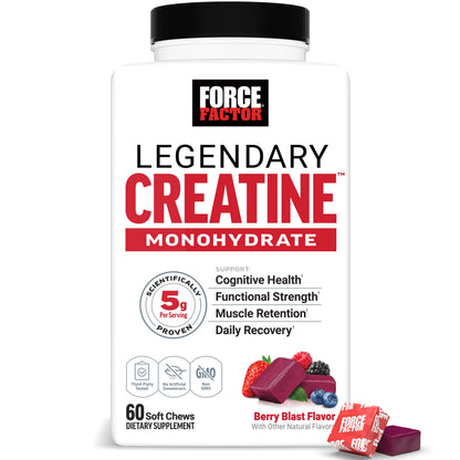 Force Factor Legendary Creatine Chews, 5g Creatine Monohydrate, Build Muscle, Improve Strength & Recovery, Support Memory & Cognitive Function, Sugar Free, Berry Blast, 60 Soft Chews Force FactorBuy Supplements Australia