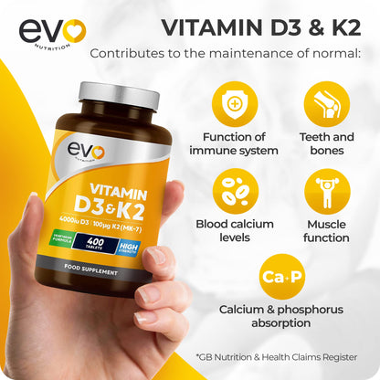 Vitamin D3 4000iu & Vitamin K2 100ug MK7 | 400 Vegetarian Tablets - 1 Year Supply EVO NUTRITIONBuy Supplements Australia