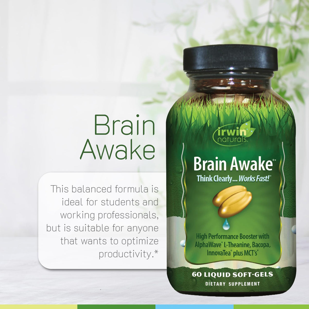Irwin Naturals Brain Awake Enhanced Mental Performance, Increased Focus, Boost Clarity & Concentration - Powerful Nootropic Booster with L-Theanine, Bacopa, MCT's & InnovaTea - 60 Liquid Softgels Irwin NaturalsBuy Supplements Australia