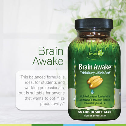 Irwin Naturals Brain Awake Enhanced Mental Performance, Increased Focus, Boost Clarity & Concentration - Powerful Nootropic Booster with L-Theanine, Bacopa, MCT's & InnovaTea - 60 Liquid Softgels Irwin NaturalsBuy Supplements Australia