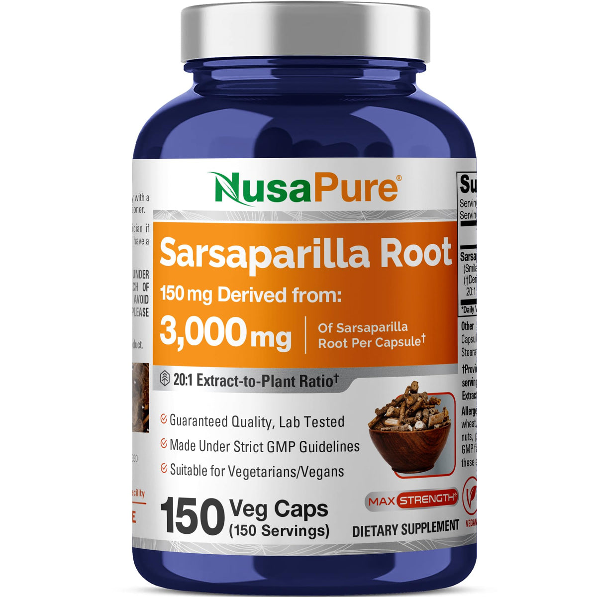 NusaPure Sarsaparilla Root 20:1 Extract - Suitable for Vegetarian/Vegan, Non - GMO - 3000 mg - 150 Capsules NusaPureBuy Supplements Australia