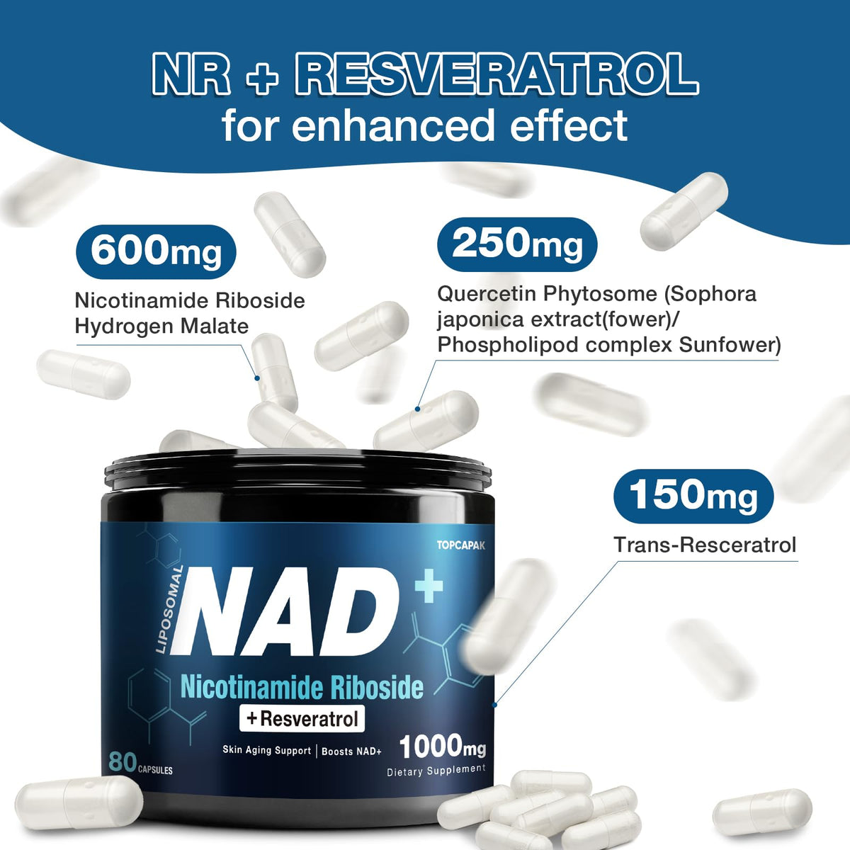 NAD+ Supplement 1000mg - Nicotinamide Riboside (NR) and Resveratrol, Liposomal NAD of Pure Organic Ingredients for Women & Men Healthy Aging, Brain and Cellular Energy, 80 Capsules TOPCAPAKBuy Supplements Australia