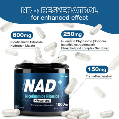 NAD+ Supplement 1000mg - Nicotinamide Riboside (NR) and Resveratrol, Liposomal NAD of Pure Organic Ingredients for Women & Men Healthy Aging, Brain and Cellular Energy, 80 Capsules TOPCAPAKBuy Supplements Australia