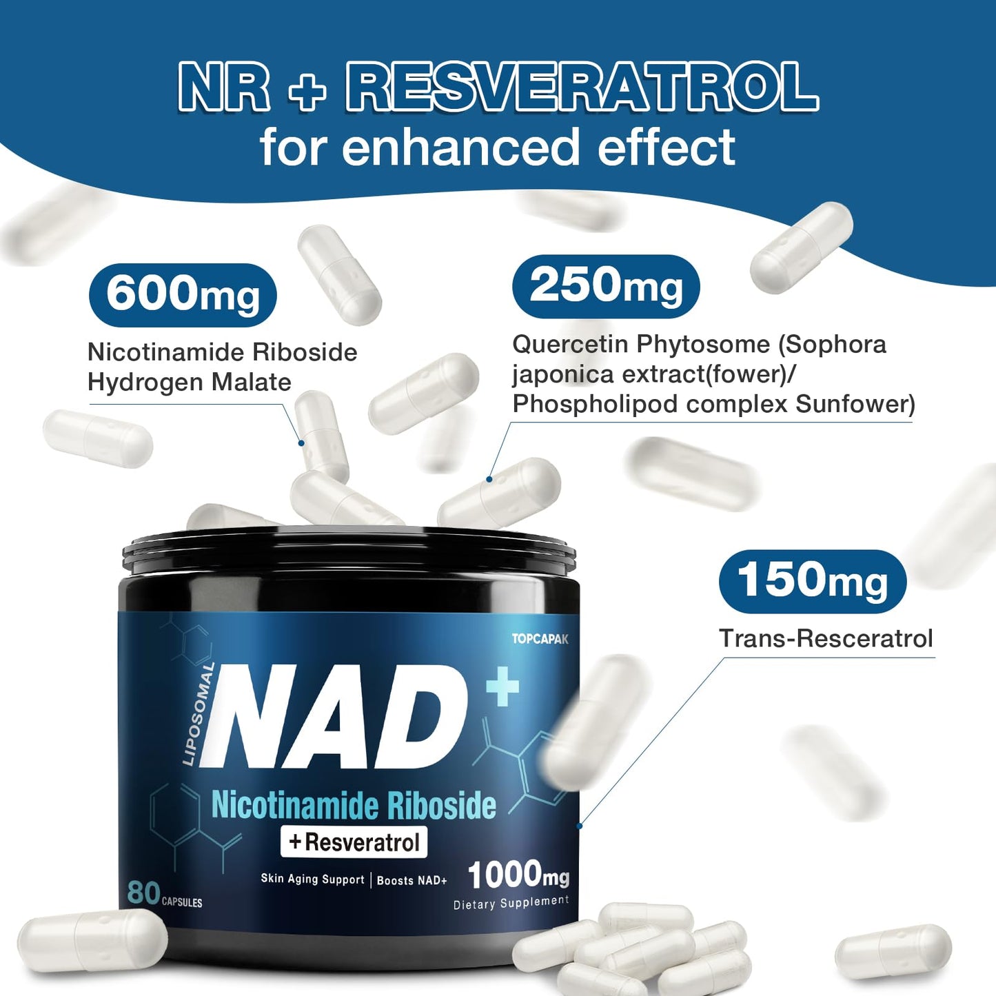NAD+ Supplement 1000mg - Nicotinamide Riboside (NR) and Resveratrol, Liposomal NAD of Pure Organic Ingredients for Women & Men Healthy Aging, Brain and Cellular Energy, 80 Capsules TOPCAPAKBuy Supplements Australia
