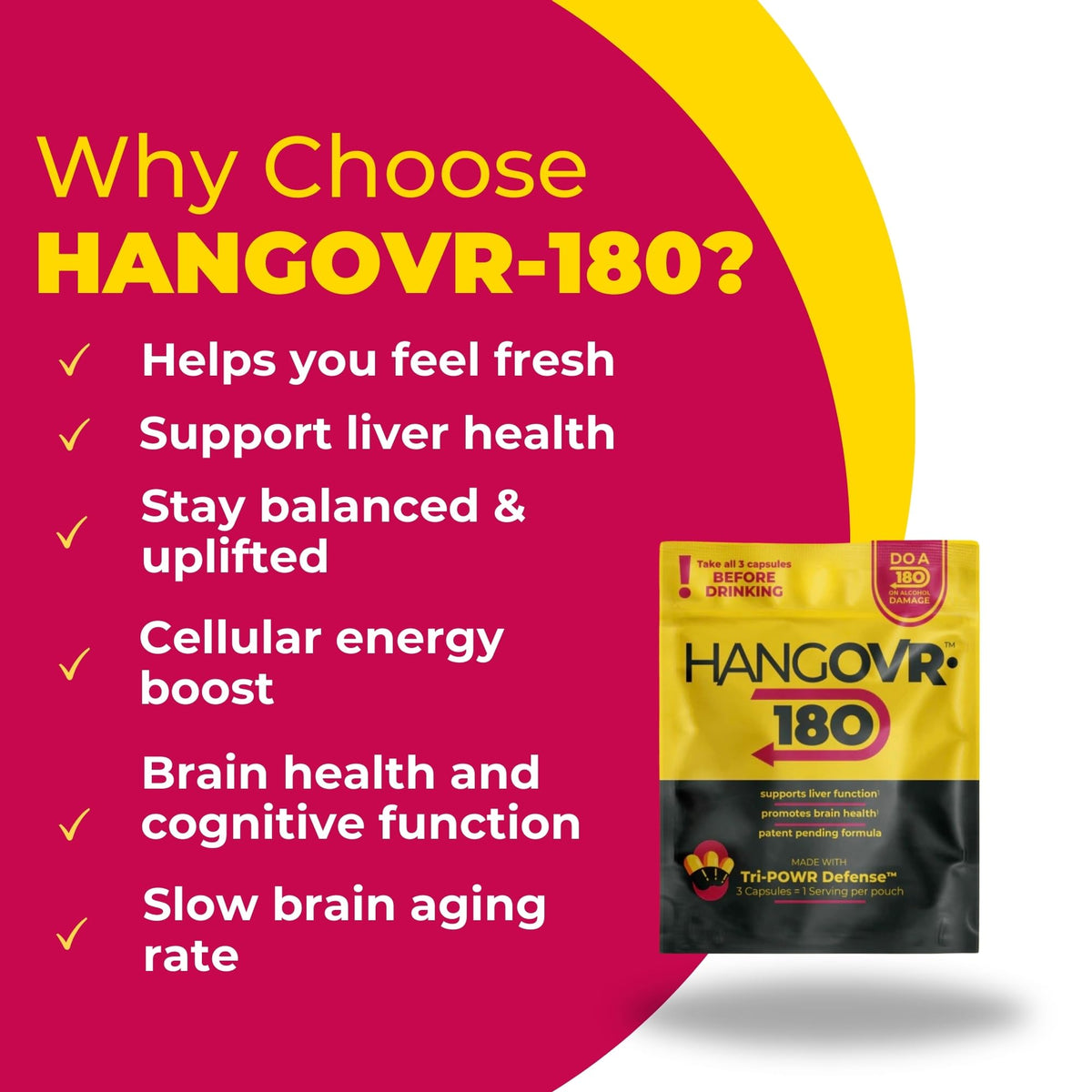 Hangovr 180 Tri-Power Before Drinking Defense 8 Pack - Support Liver & Brain Health, Feel Fresher & Better Energy - - Take Before Drinking for Relief, 3 Capsules per Pouch HANGOVR-180Buy Supplements Australia