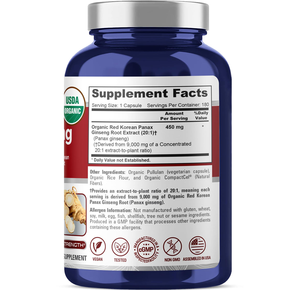 NusaPure Red Korean Panax Ginseng 20:1 Extract, 450 mg Equivalent to 9,000 mg 180 Veggie Caps (USDA Organic, Non-GMO, Vegan, Vegetarian, Bioperine) NusaPureBuy Supplements Australia