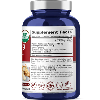 NusaPure Red Korean Panax Ginseng 20:1 Extract, 450 mg Equivalent to 9,000 mg 180 Veggie Caps (USDA Organic, Non-GMO, Vegan, Vegetarian, Bioperine) NusaPureBuy Supplements Australia