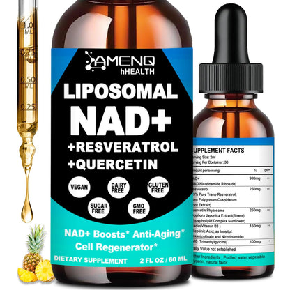 Amenq Health liposomal NAD+ supplement bottle with dropper on a white background