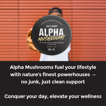 Fully Loaded Alpha Mushroom Pouches - Adaptogen Nootropic Pouches (5-Pack, Vanilla) - Lion's Mane, Cordyceps, & Chaga - 5 cans, 15 Pouches per can - Functional Mushrooms - Made in the USA Fully Loaded BullseyeBuy Supplements Australia