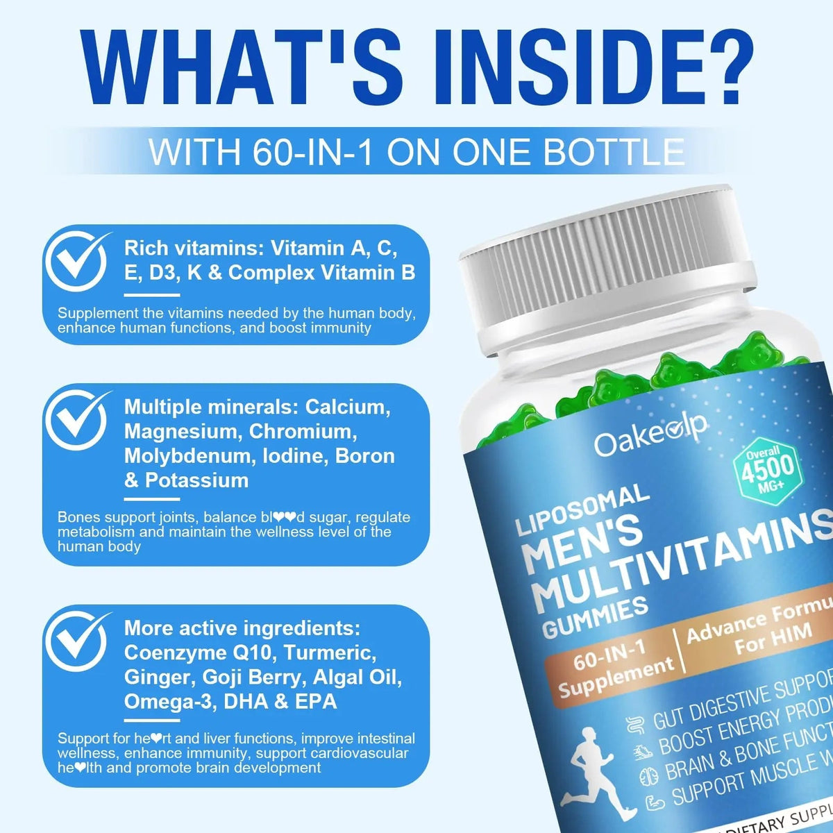 60-IN-1 Liposomal 120+ Nutrients Men's Multivitamin Gummy 4500MG+ Overall,300Billion Probiotics, Algal DHA, CoQ10, Turmeric & Herbal Blends OakevlpBuy Supplements Australia