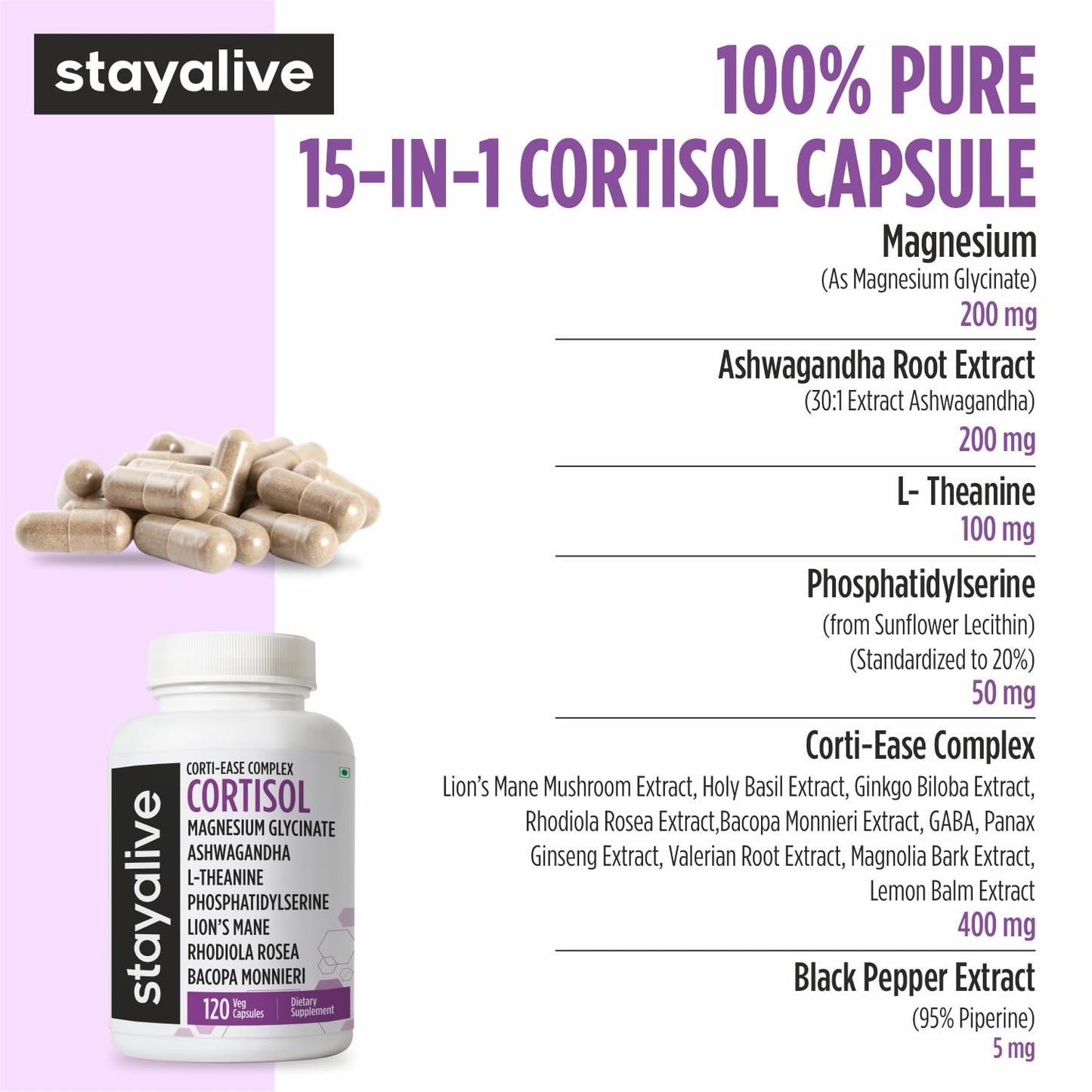 STAY ALIVE Cortisol Manager Supplement 15-in-1 Complex w/L-Theanine, Ashwagandha, Magnesium Glycinate, Phosphatidylserine and More, 120 Veg Capsules, Non-GMO & Gluten-Free Formula for Women and Men STAY ALIVEBuy Supplements Australia