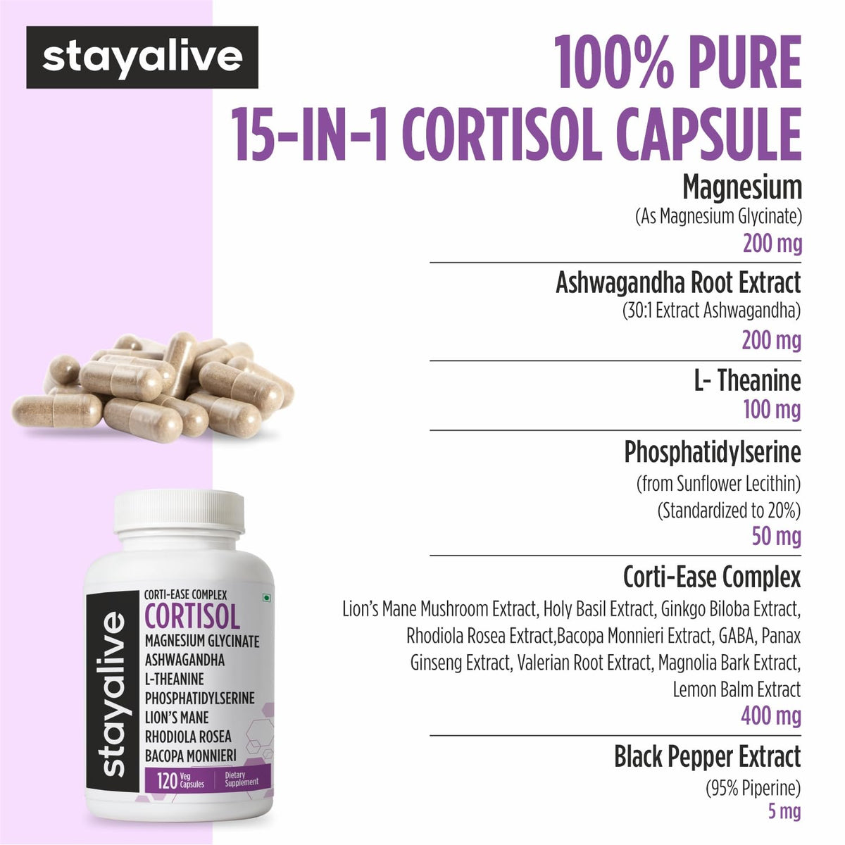STAY ALIVE Cortisol Manager Supplement 15-in-1 Complex w/L-Theanine, Ashwagandha, Magnesium Glycinate, Phosphatidylserine and More, 120 Veg Capsules, Non-GMO & Gluten-Free Formula for Women and Men STAY ALIVEBuy Supplements Australia