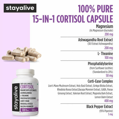 STAY ALIVE Cortisol Manager Supplement 15-in-1 Complex w/L-Theanine, Ashwagandha, Magnesium Glycinate, Phosphatidylserine and More, 120 Veg Capsules, Non-GMO & Gluten-Free Formula for Women and Men STAY ALIVEBuy Supplements Australia