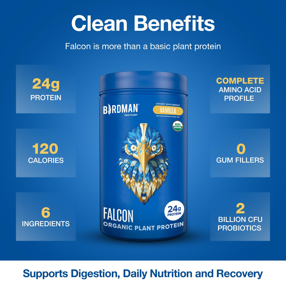 BIRDMAN Falcon Organic Vegan Protein Powder Vanilla, 24g Protein, Sugar Free, Probiotics, Low Carb, Keto Friendly, Dairy Free, Lactose Free, Non Whey