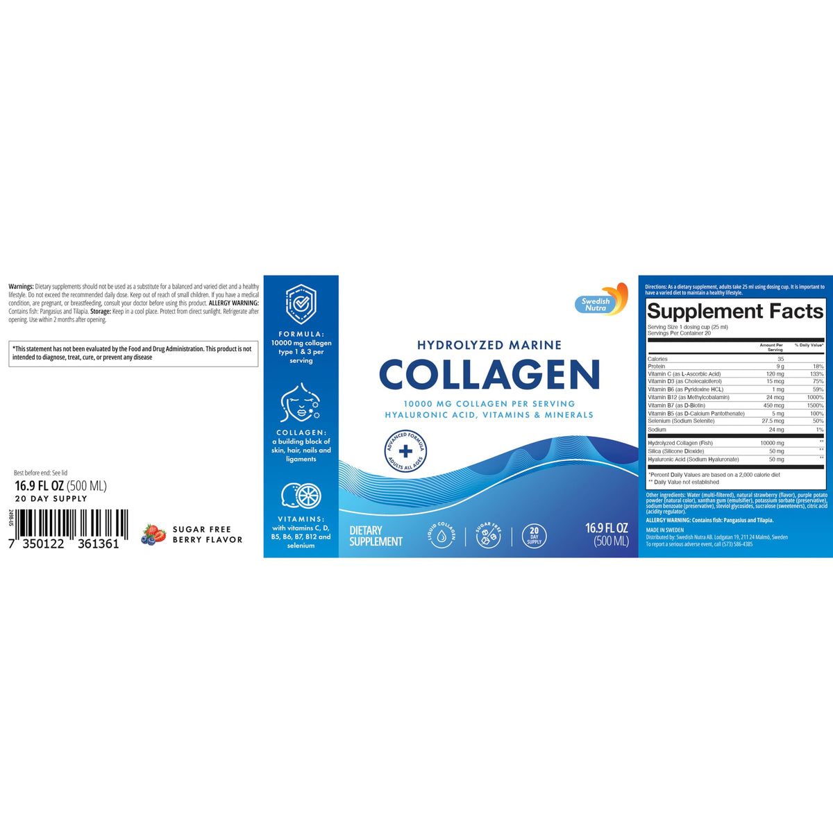Swedish Nutra 10,000 mg Hydrolyzed Marine Collagen Liquid Supplement - 500 ml, 20 Day Supply | Hyaluronic Acid, Biotin & Vitamin C for Healthy Hair, Skin, Nails & Joints | For Men & Women | Sugar-Free Swedish NutraBuy Supplements Australia