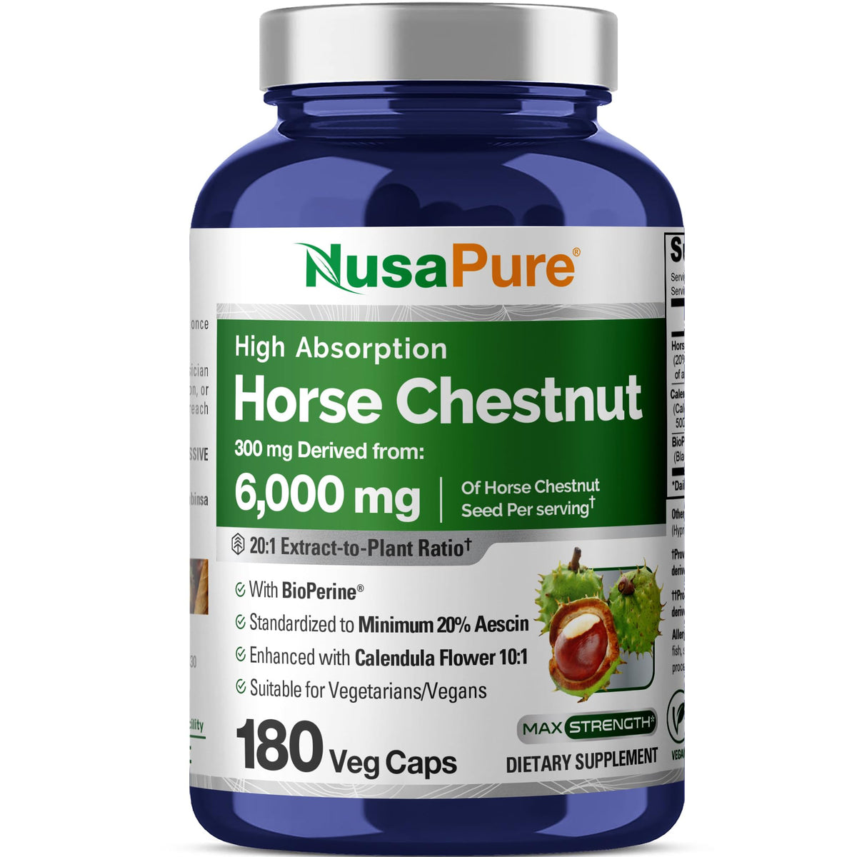 NusaPure Horse Chestnut 20:1 Extract, 300 mg Equivalent to 6,000mg 180 Veggie Caps Non-GMO, Vegan, BioPerine, Calendula Flower NusaPureBuy Supplements Australia
