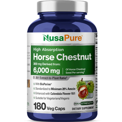 NusaPure Horse Chestnut 20:1 Extract, 300 mg Equivalent to 6,000mg 180 Veggie Caps Non-GMO, Vegan, BioPerine, Calendula Flower NusaPureBuy Supplements Australia