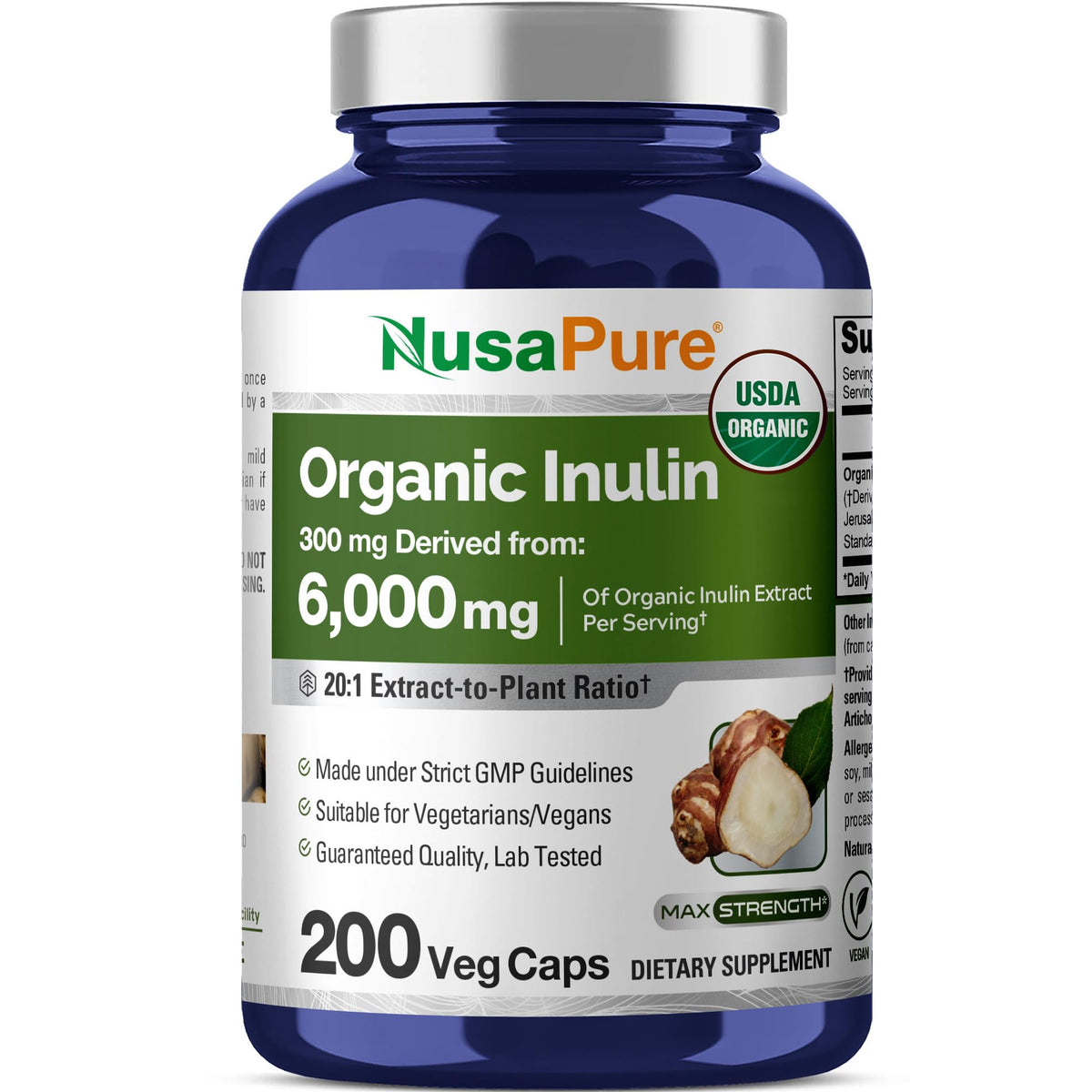 NusaPure Inulin Powder 20:1 Extract, 300 mg Equivalent to 6,000mg | 200 Veg Capsules |USDA Organic Suitable for Vegetarians, Vegan, Non-GMO Supplement NusaPureBuy Supplements Australia