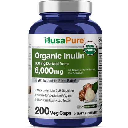 NusaPure Inulin Powder 20:1 Extract, 300 mg Equivalent to 6,000mg | 200 Veg Capsules |USDA Organic Suitable for Vegetarians, Vegan, Non-GMO Supplement NusaPureBuy Supplements Australia