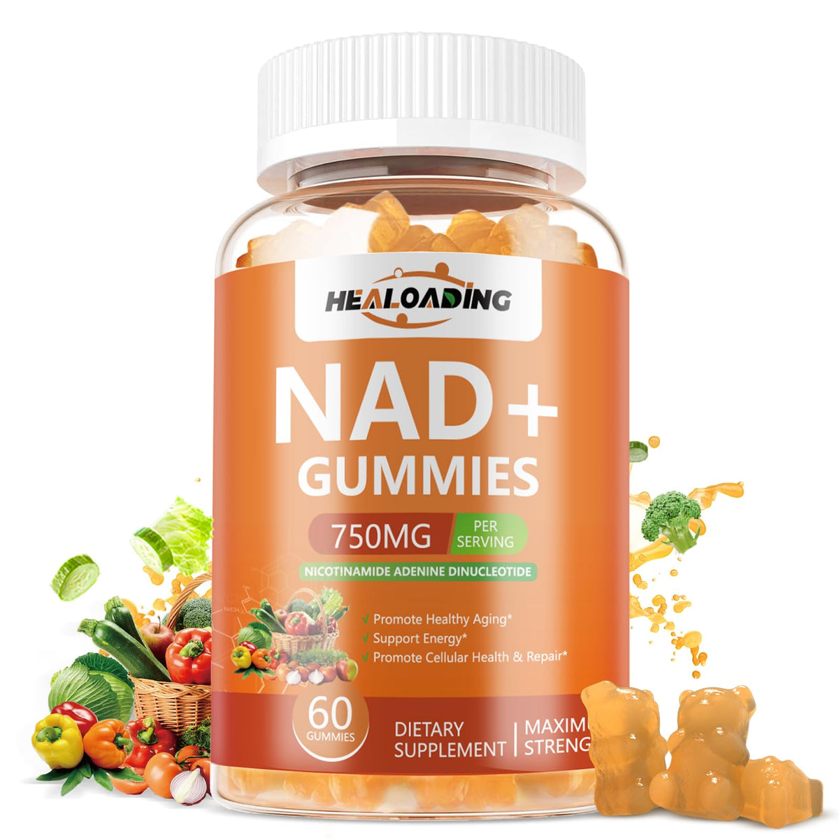 Jar of Healio NAD+ Gummies with vitamins and vegetables on a white background