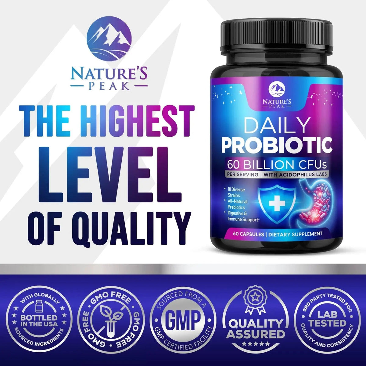 Probiotics 60 Billion CFU - 10 Strains + Digestive Enzymes & Prebiotics - Best Probiotic for Women & Men, Supports Immune, Gut Health, Occasional Constipation, Diarrhea, Gas & Bloating - 60 Capsules Nature's PeakBuy Supplements Australia
