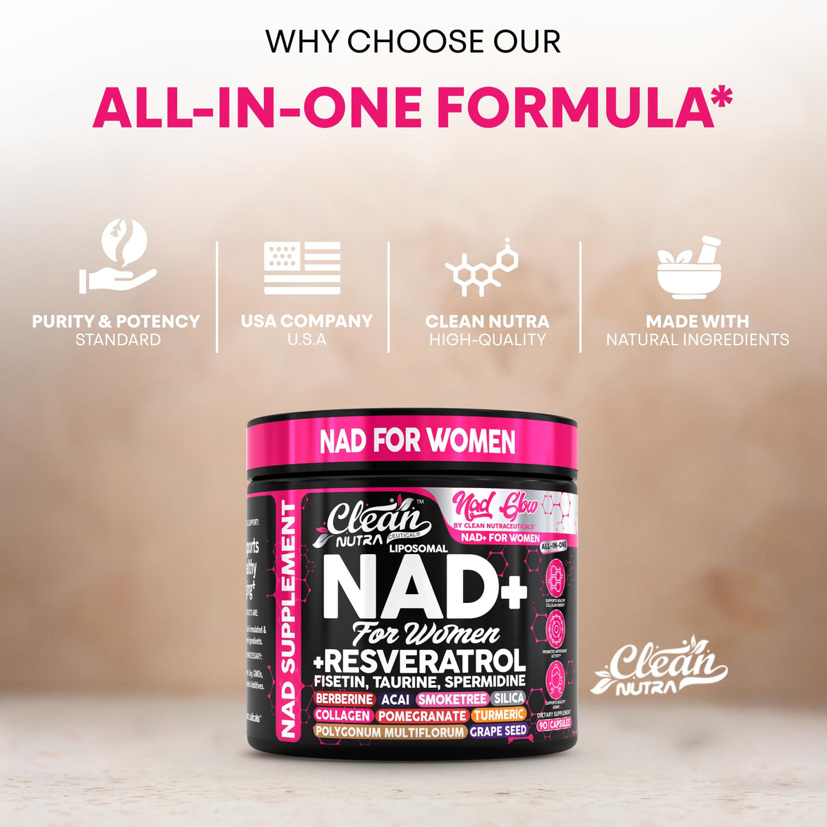NAD+ Resveratrol Supplement for Women NAD Turmeric Vitamin C Acai Pomegranate Collagen Peptides Nicotinamide Riboside Fisetin Vitamin E Polygonum Multiflorum Berberine 90 Capsules by Clean Nutra Clean NutraceuticalsBuy Supplements Australia