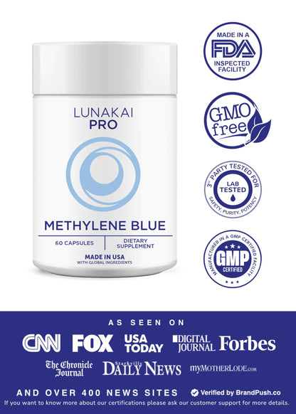 Lunakai PRO USA Made Methylene Blue Capsules Pharmaceutical Grade with Vitamin C, B6, B12 – 3rd-Party Tested Daily Brain & Focus Support Supplement for Humans, 60ct Lunakai buy supplements Au