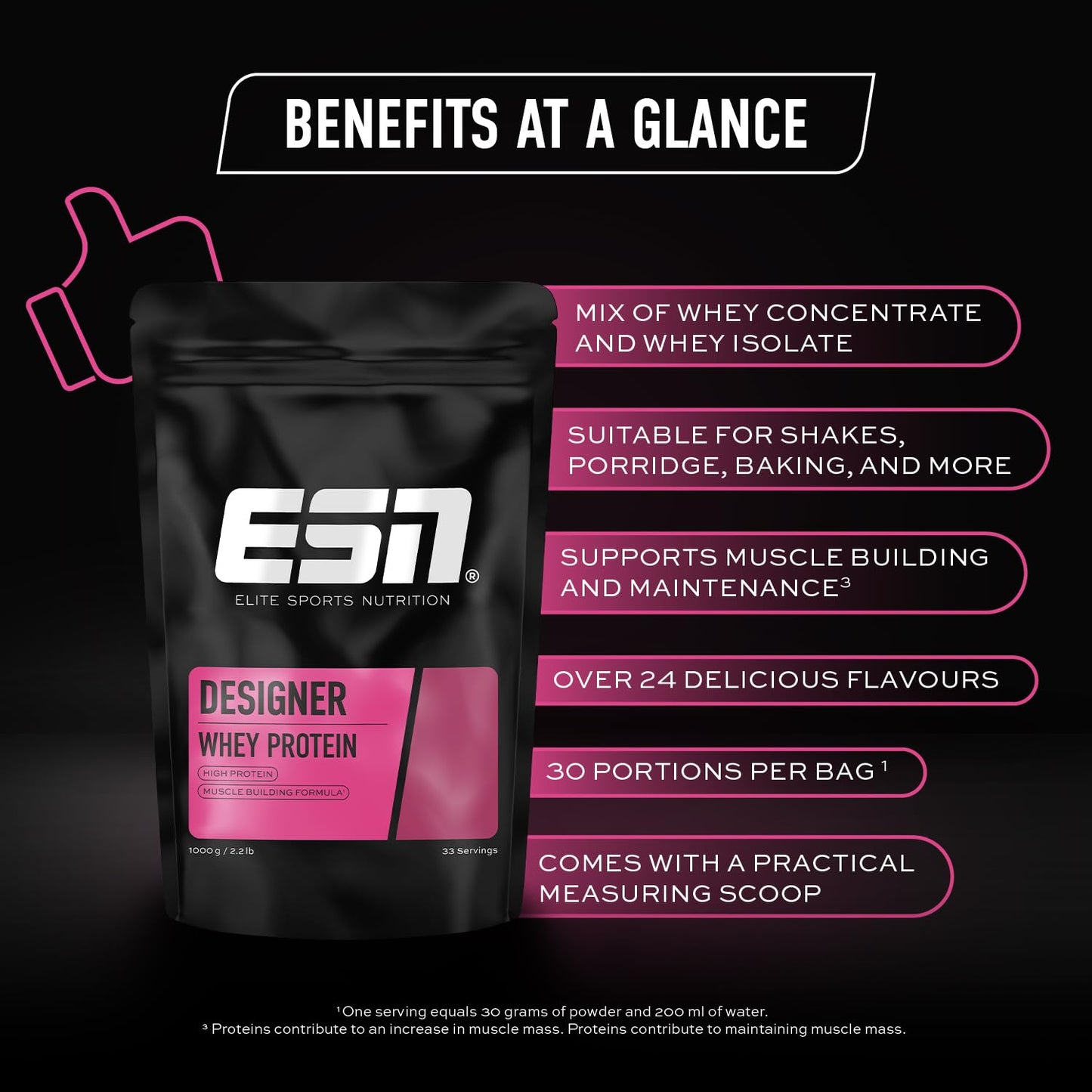 ESN Designer Whey Protein Powder, Strawberry, 1000 g, 2.2 lbs, 33 Servings ESNBuy Supplements Australia