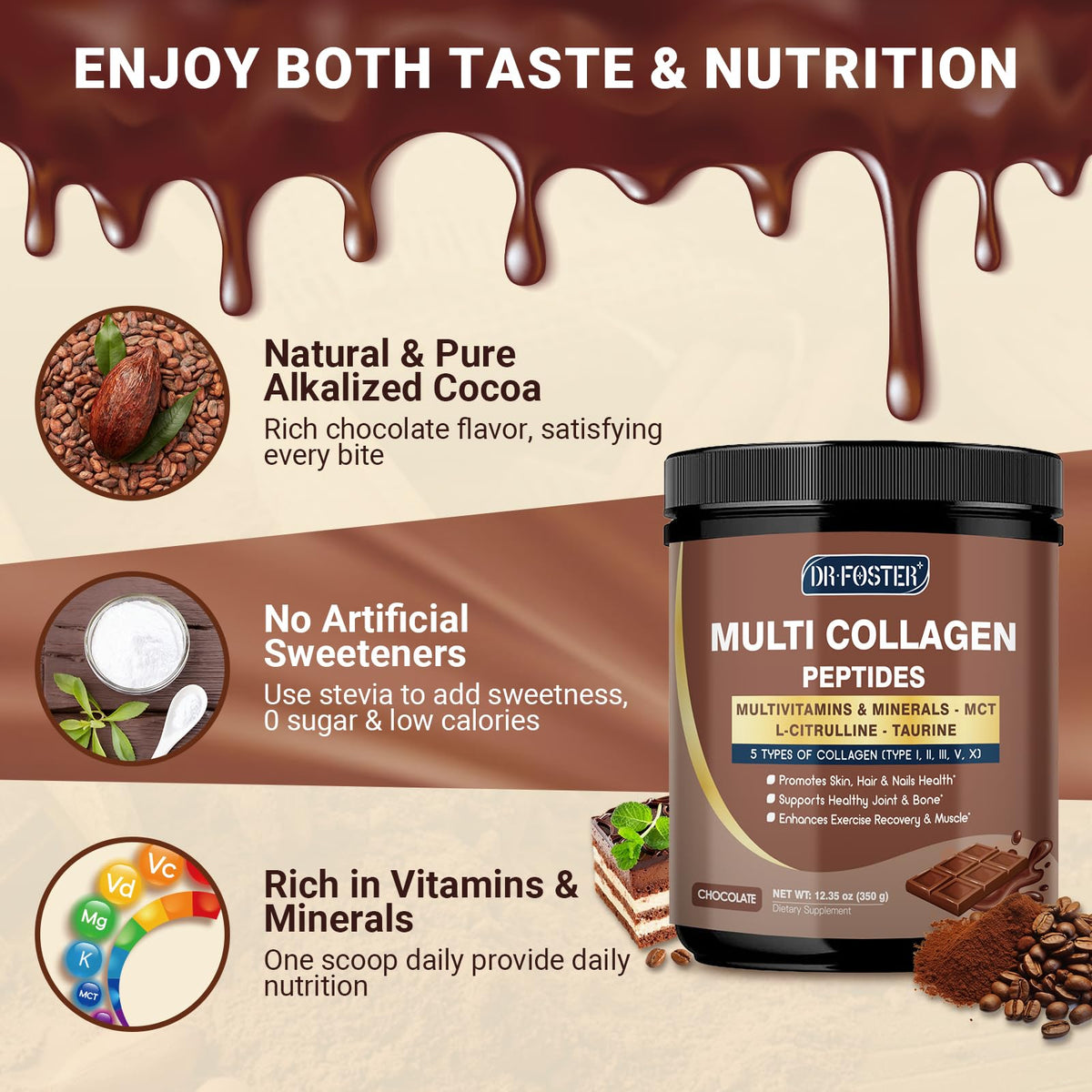DRFOSTER Chocolate Collagen Peptides Powder for Women & Men, Multi Type I II III V X Collagen with multivitamins & Minerals for Skin, Hair & Nails & Joints, Non-GMO, 35 Servings DRFOSTERBuy Supplements Australia