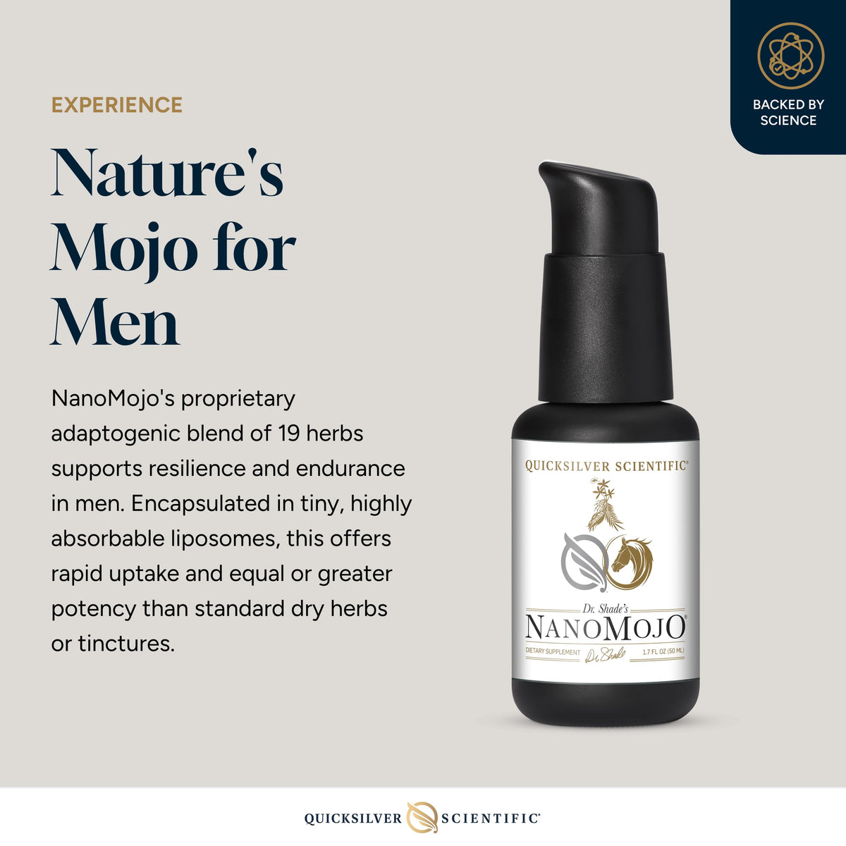 Quicksilver Scientific NanoMojo - Male-Specific Endurance Elixir & Energy Boost Support - 19 Herbs Including Epimedium for Men, Rhodiola Extract, Herbal Ginseng, and Adaptogenic Herbs (1.7oz / 50ml) Quicksilver ScientificBuy Supplements Australia