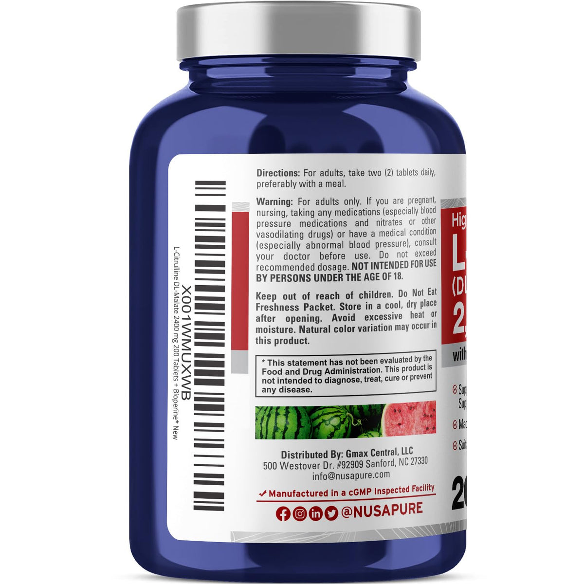 NusaPure L-Citrulline 2,400mg 200 Vegetarian Tablets (Non-GMO, Gluten Free, 100-Day Supply, Bioperine) NusaPureBuy Supplements Australia