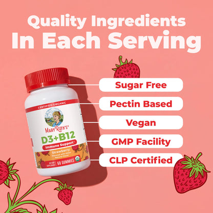 MARYRUTH'S Organic Vitamin D3 + B12 Gummies for Ages 4+ | Bone Health | Immune Support | Energy Metabolism | Cognitive Function | Vegan | Non-GMO