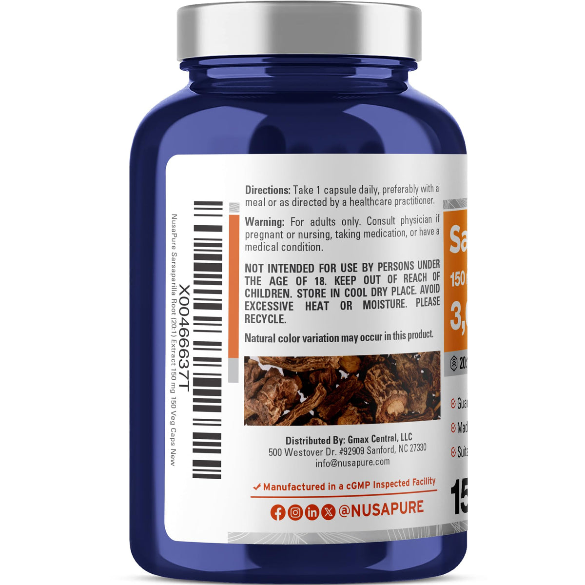 NusaPure Sarsaparilla Root 20:1 Extract - Suitable for Vegetarian/Vegan, Non - GMO - 3000 mg - 150 Capsules NusaPureBuy Supplements Australia