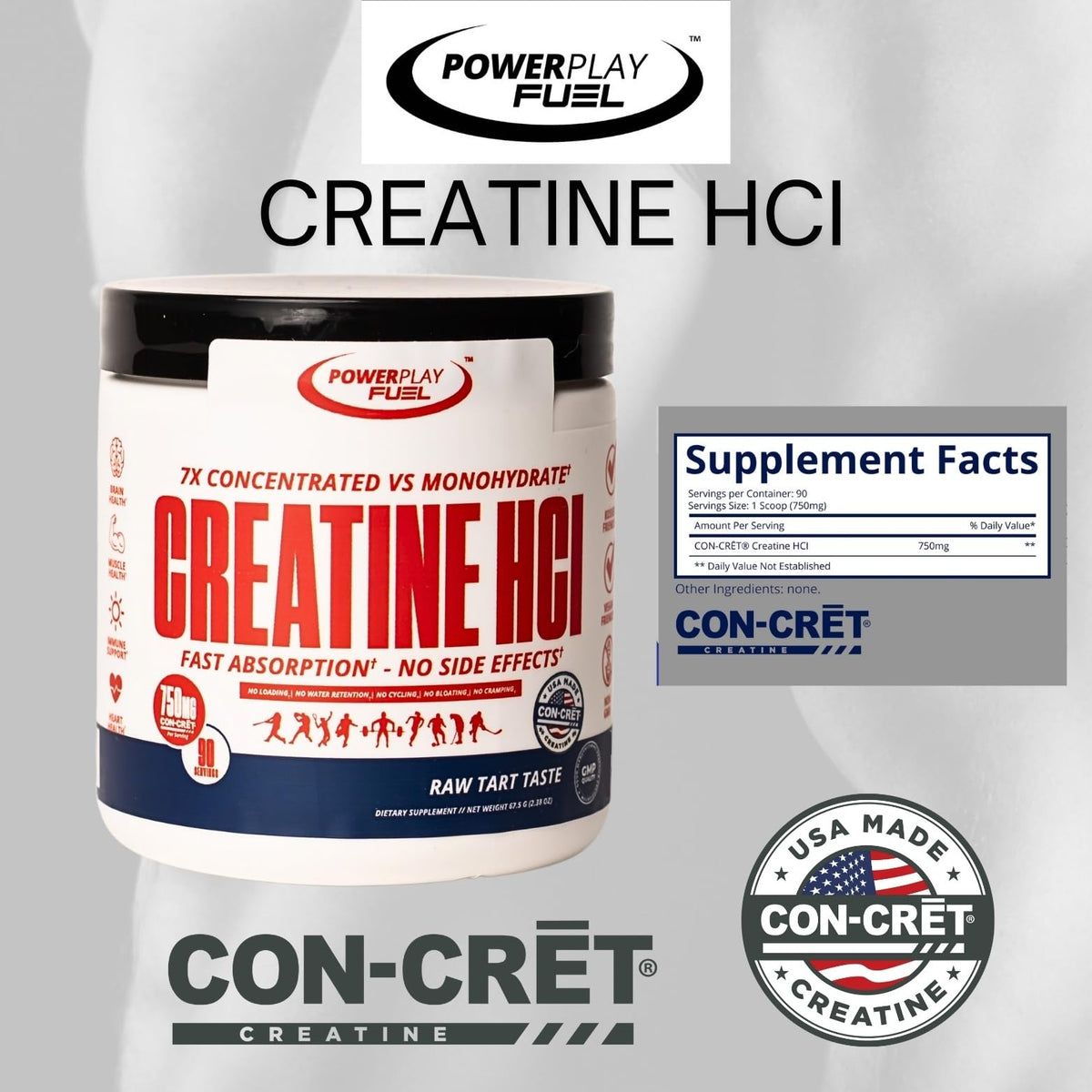 CREATINE HCl Powder for Men and Women, Muscle Strength, Brain Performance, Heart Health & Immune Support - Raw Tart Taste, 90 Servings POWER PLAY FUELBuy Supplements Australia