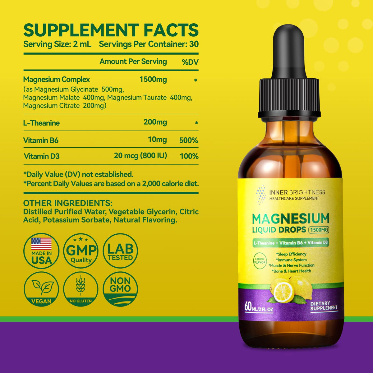 Magnesium Glycinate Liquid Drops 1500mg with Magnesium Citrate & Taurate, L-Theanine, Vitamin D3, B6 - Supports Calm, Sleep, Muscle Relaxation, Leg Cramps & Energy, Lemon Flavor, 60 mL Inner BrightnessBuy Supplements Australia