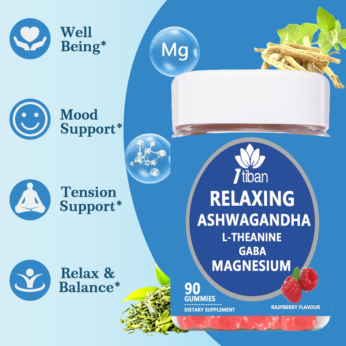 Itiban Cortisol Supplements for Women, Calm Magnesium Glycinate Gummies, Ashwagandha, L-Theanine, GABA, D3, B6, Mood Anxiety Sleep Relax, Raspberry Flavour, Vegan 90 Gummies ItibanBuy Supplements Australia