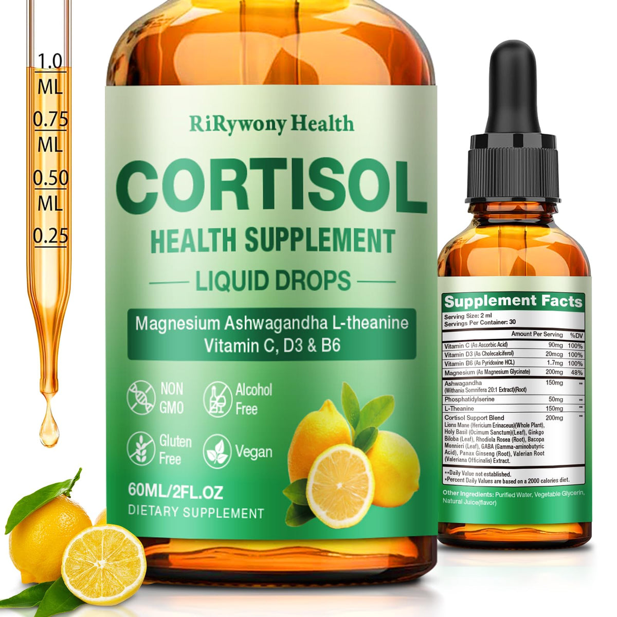 Cortisol Supplement for Women & Men - Cortisol Detox Reducer Magnesium Glycinate, Ashwagandha, L-Theanine, Phosphatidylserine - Hormone Balance for Calm Mood Focus Sleep (2 FL.OZ Lemon) RiRywony HealthBuy Supplements Australia