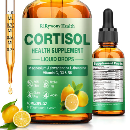Cortisol Supplement for Women & Men - Cortisol Detox Reducer Magnesium Glycinate, Ashwagandha, L-Theanine, Phosphatidylserine - Hormone Balance for Calm Mood Focus Sleep (2 FL.OZ Lemon) RiRywony HealthBuy Supplements Australia