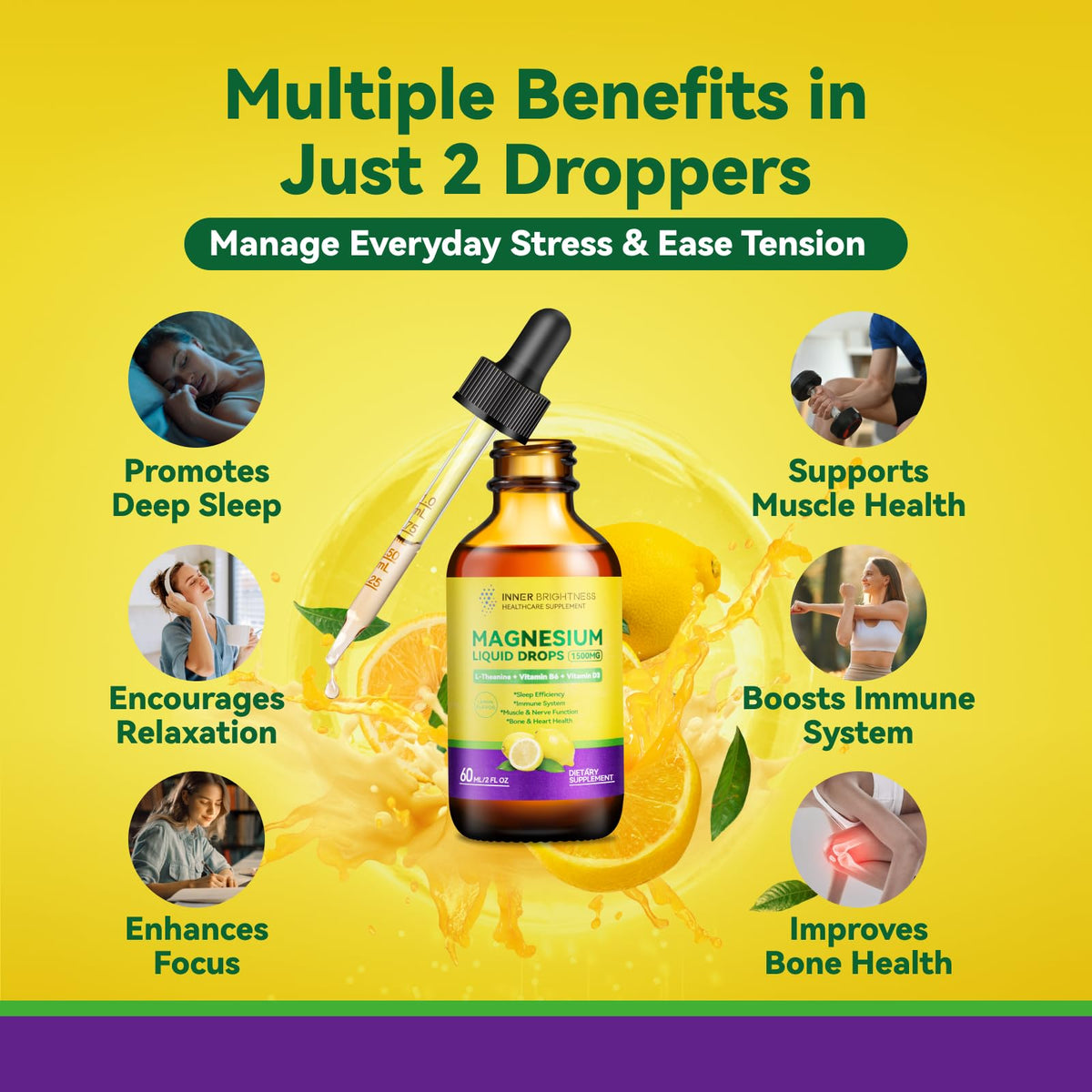 Magnesium Glycinate Liquid Drops 1500mg with Magnesium Citrate & Taurate, L-Theanine, Vitamin D3, B6 - Supports Calm, Sleep, Muscle Relaxation, Leg Cramps & Energy, Lemon Flavor, 60 mL Inner BrightnessBuy Supplements Australia