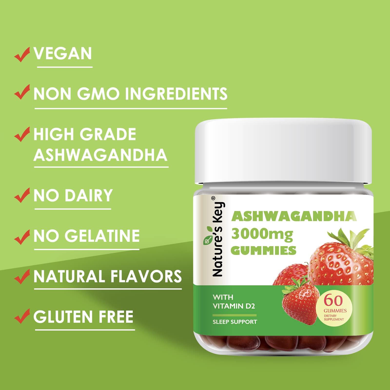 Nature's Key Ashwagandha Gummies, 3000mg High Potency Ashwagandha Root Extract with Vitamin D2, Stress, Calm Mood & Cognition, for Men & Women, Strawberry Flavor (60 Count (Pack of 1) Nature's KeyBuy Supplements Australia