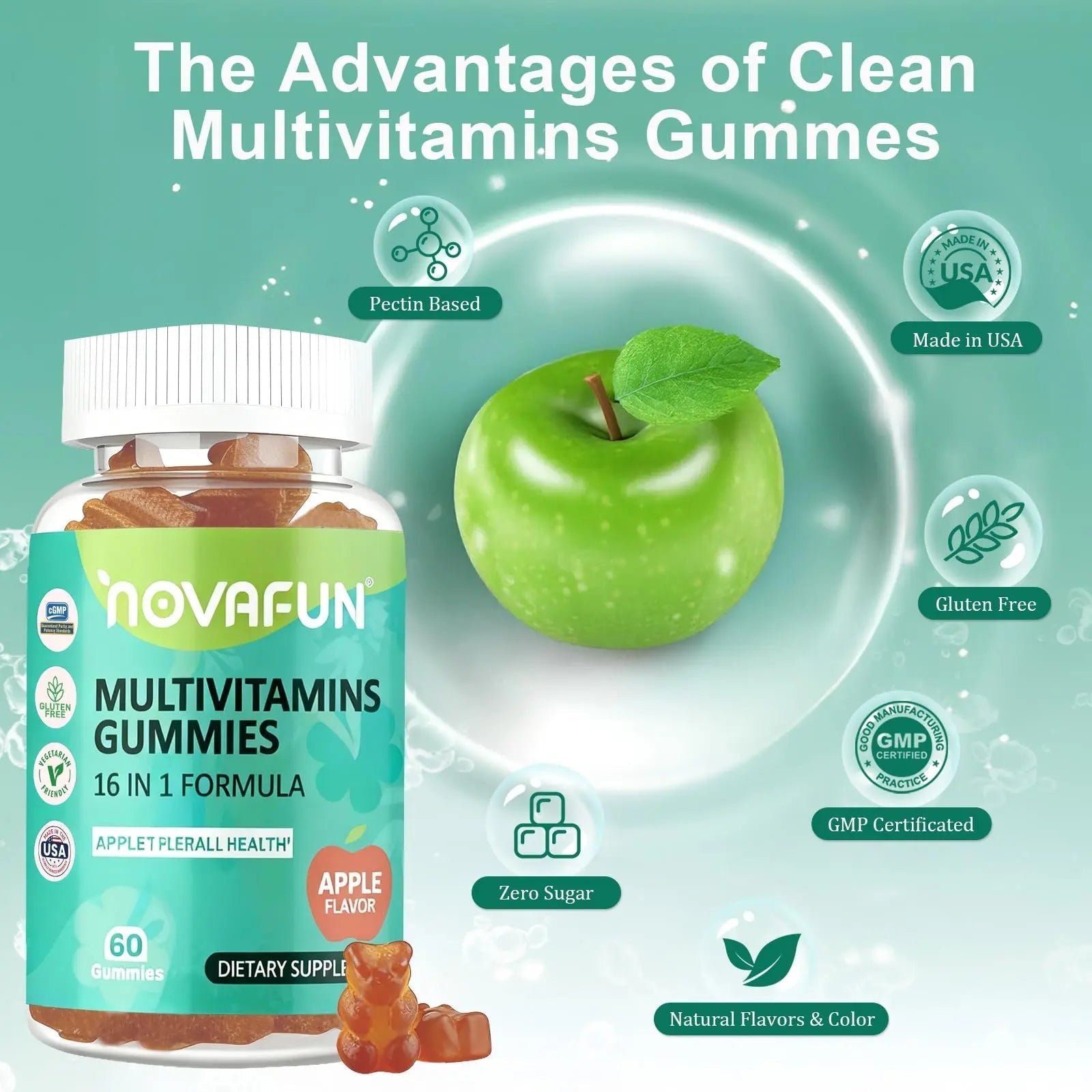 Novafun Multivitamin Gummies,16-in-1 Multi Vitamin Supplements for Women, Men & Kids, Essential Vitamins & Minerals Novafun