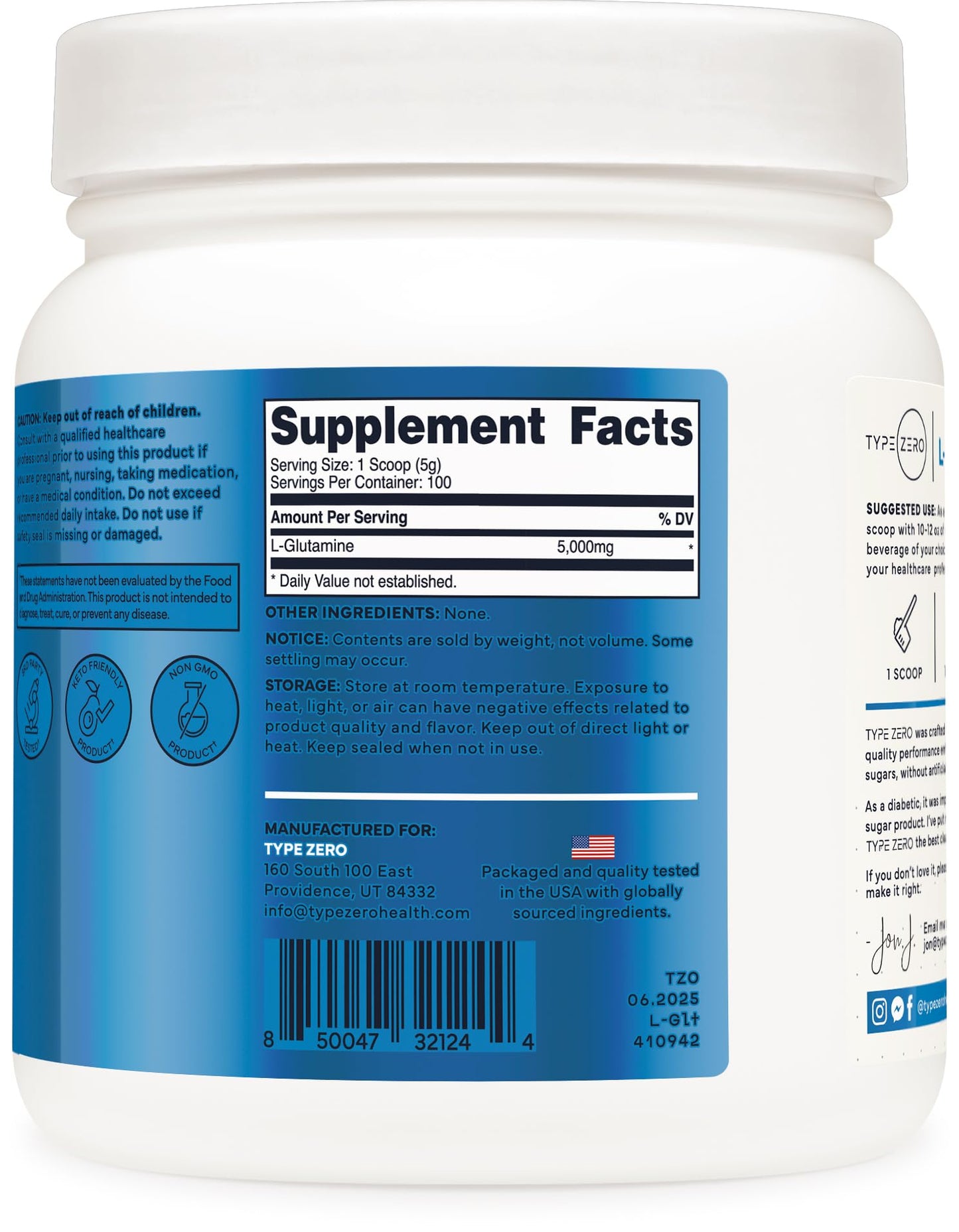 Type Zero L-Glutamine Powder (500G) 3-Month Supply Pure L-Glutamine Supplement - Vegan, Gluten Free, No Fillers Type ZeroBuy Supplements Australia
