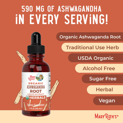 MaryRuth Organics Ashwagandha Root | USDA Organic Ashwagandha Liquid Drops | Stress Relief, Natural Calm, Relaxation and Mood Support Supplement | Adaptogenic | Nervine | Vegan | Non-GMO | 60 Servings MARYRUTH'SBuy Supplements Australia