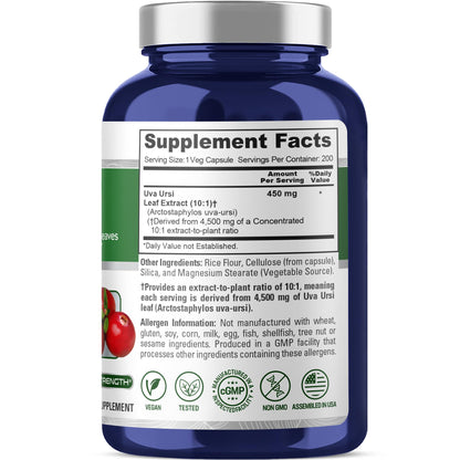 NusaPure Uva Ursi 10:1 Extract, 450 mg Equivalent to 4,500mg 200 Vegetarian caps (Non-GMO, Vegan) Bearberry NusaPureBuy Supplements Australia