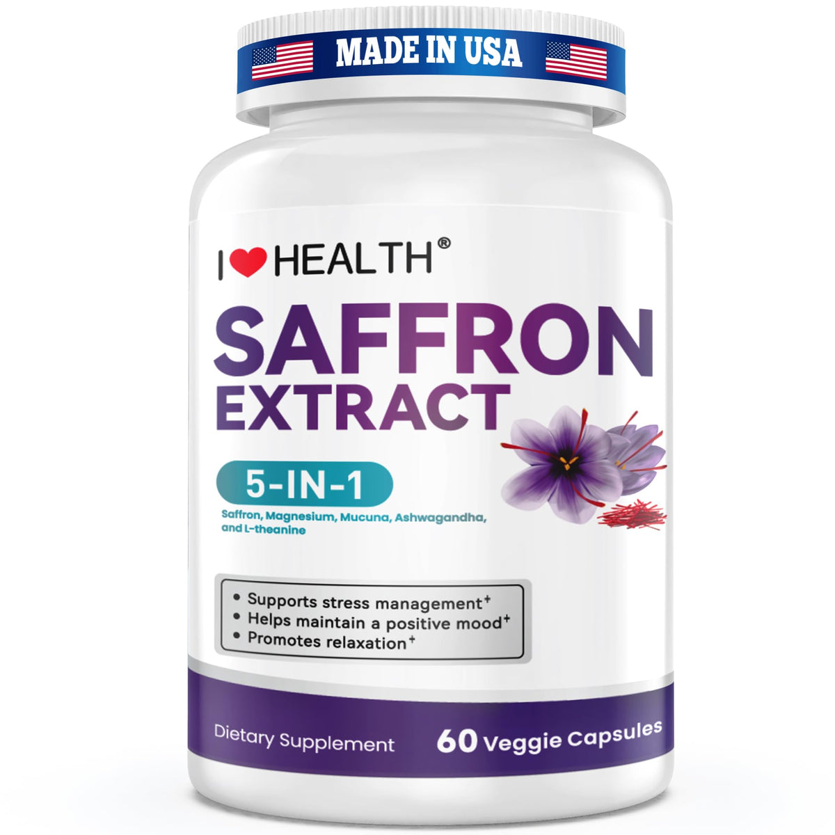 I LOVE HEALTH Saffron Supplement – 88.5mg with Magnesium Glycinate, Ashwagandha & L-Theanine for Stress Relief, Calm Mood & Emotional Balance – Made in USA – 60 Capsules I LOVE HEALTH buy supplements Au